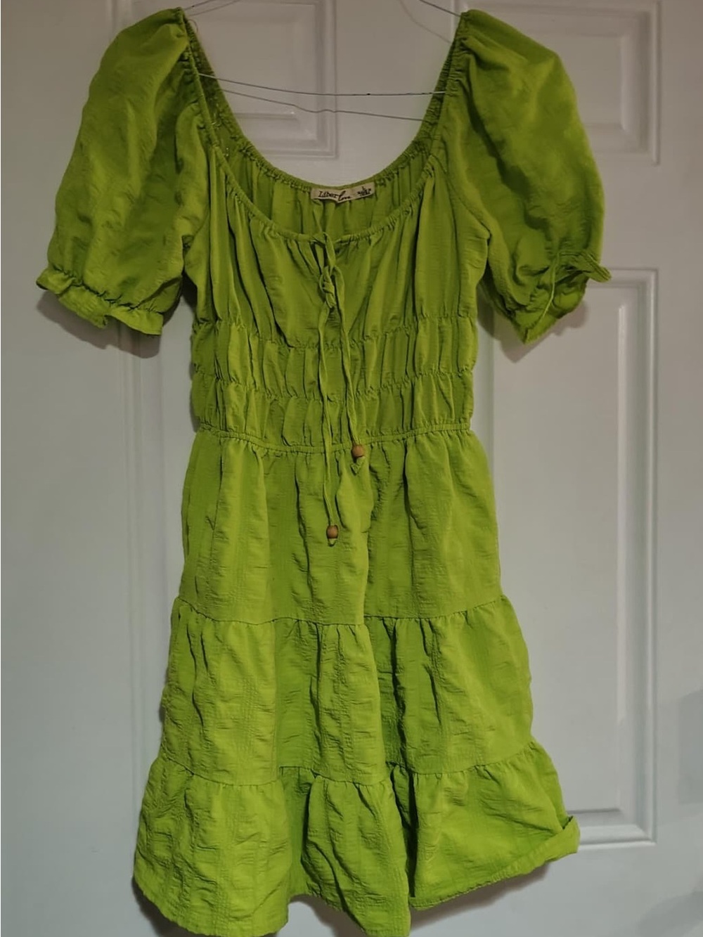 Girls' Lime Green Tiered Puff-Sleeve Dress with Smocked Waist